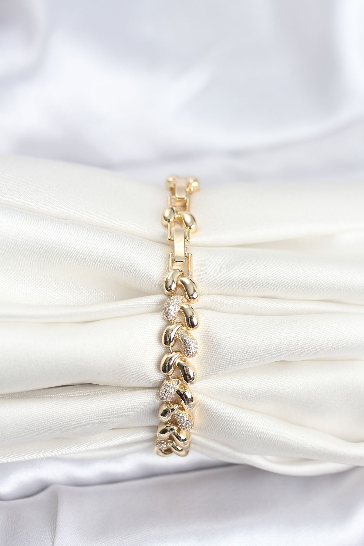 Brass Gold-Tone Spiral Teardrop Women's Bracelet with Zircon Detail