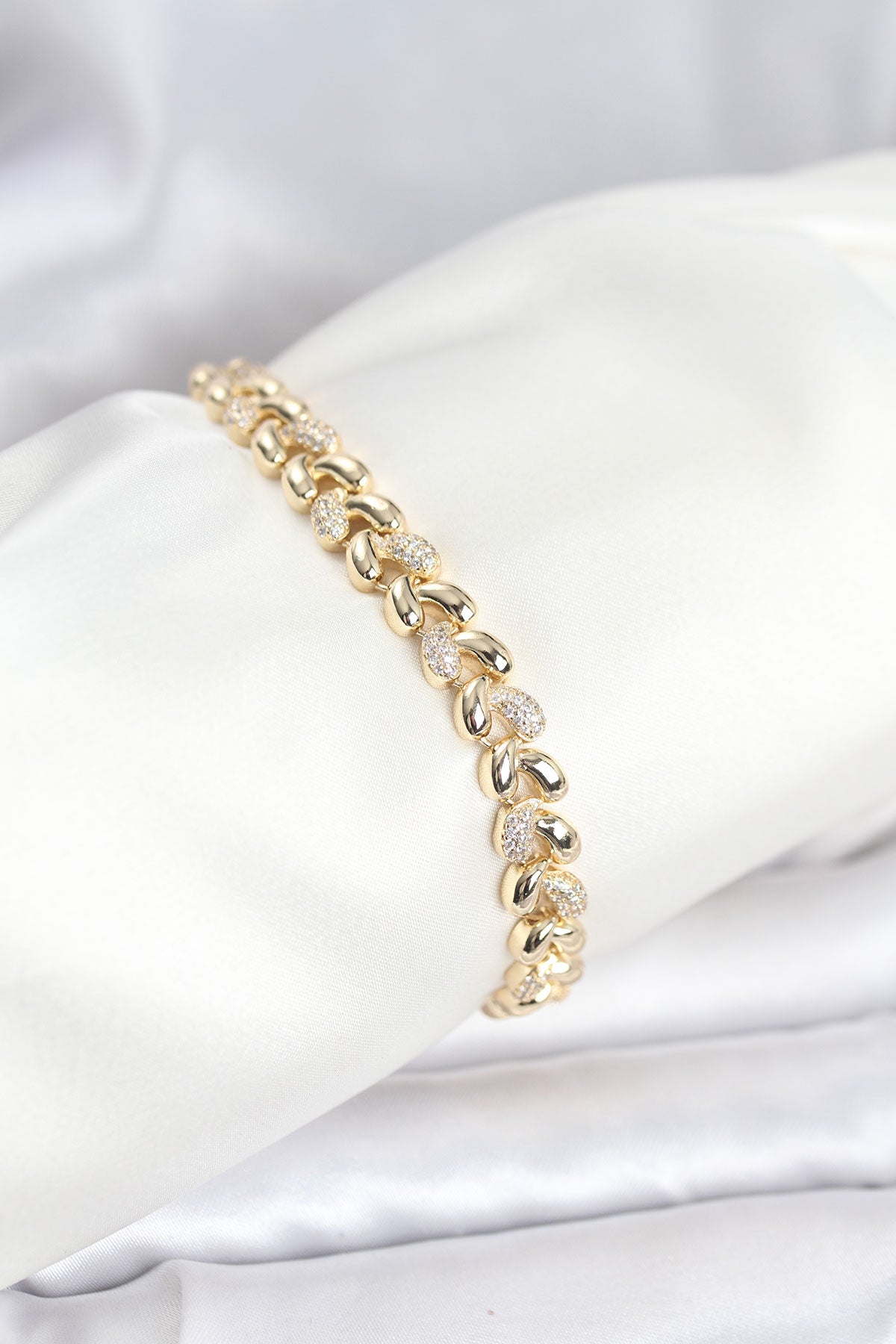 Brass Gold-Tone Spiral Teardrop Women's Bracelet with Zircon Detail