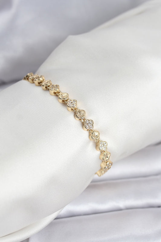 Brass Gold-Tone Clover Women's Bracelet with Zircon Detail