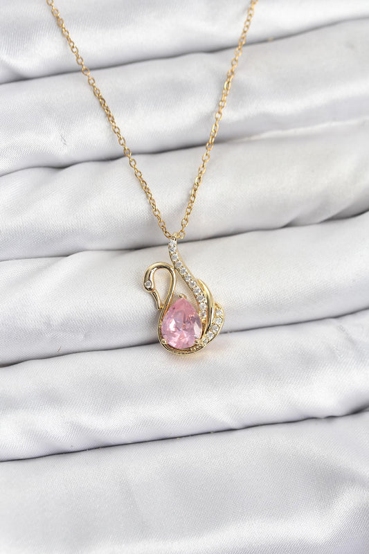 316L Çelik Zincir Gold Renk Pembe Kuğu Model Zirkon Taşlı Kadın Kolye