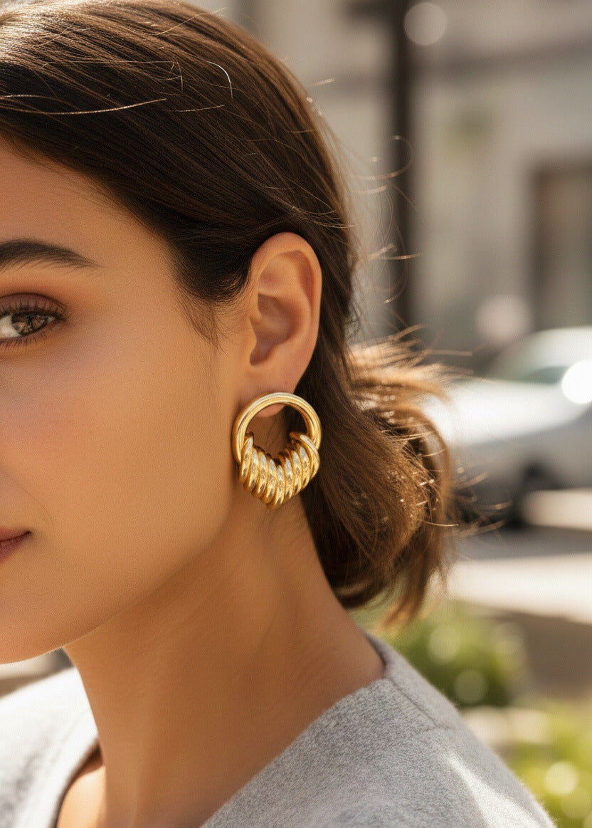 Brass Gold-Tone Spiral Vintage-Inspired Hoop Earrings