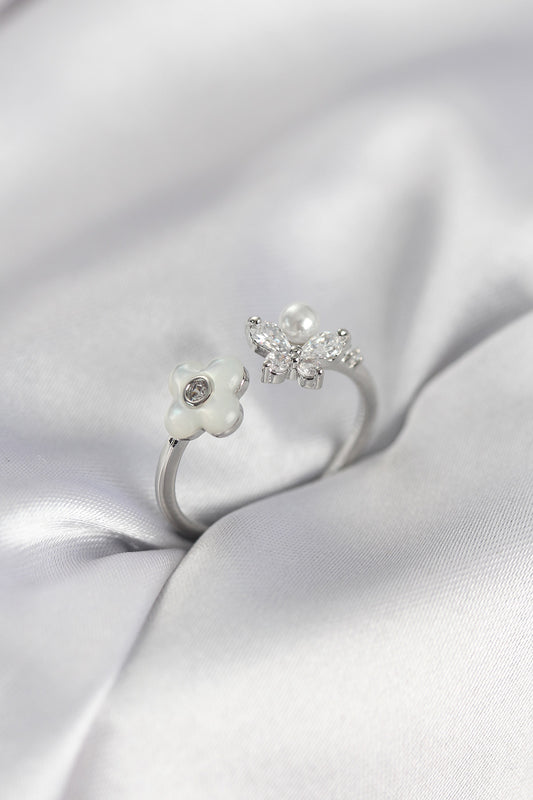 Silver-Tone Flower Women's Ring with Mother-of-Pearl Detail