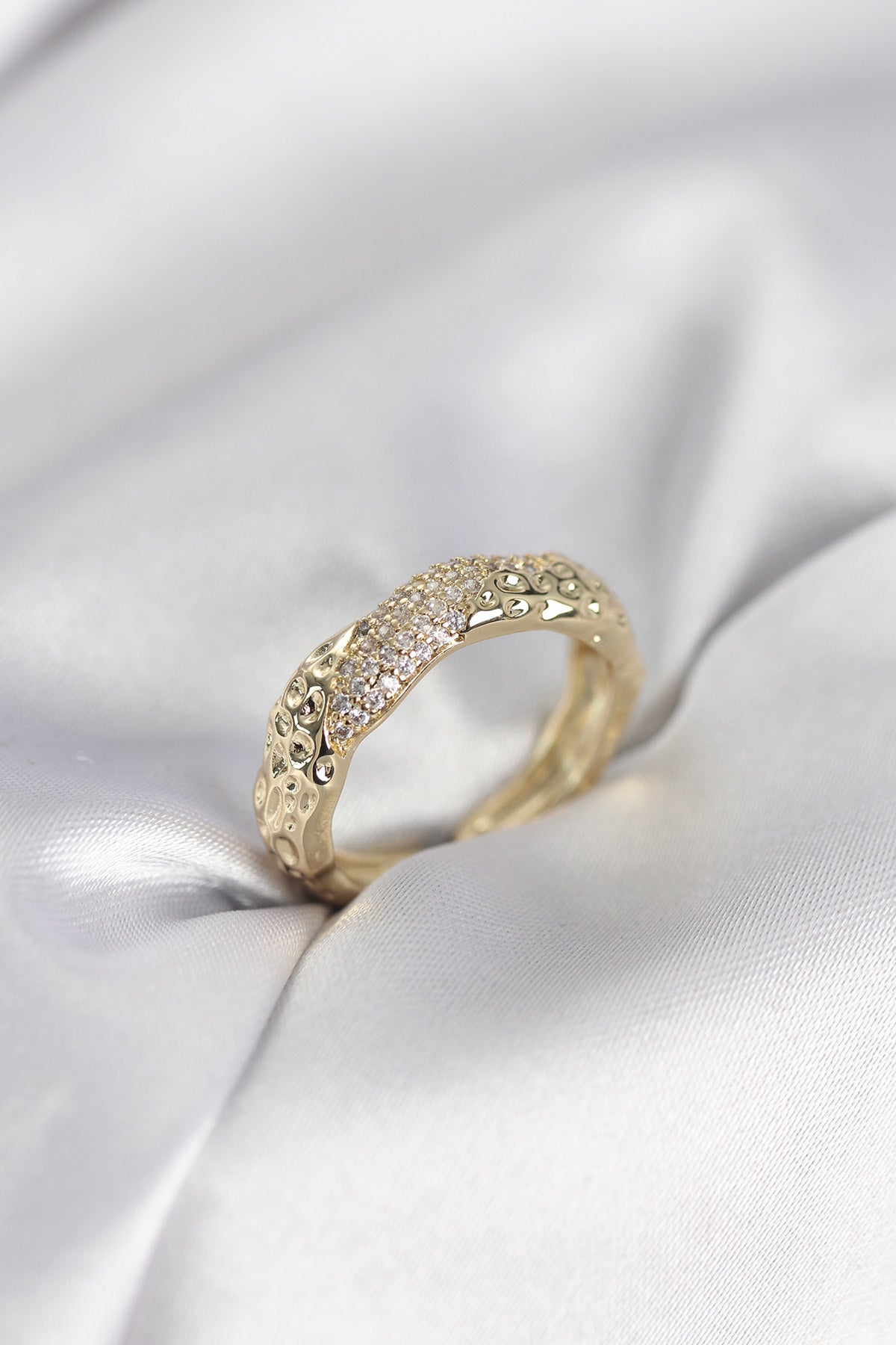 Gold-Tone Women's Ring with Pave Detail and Zircon Detail
