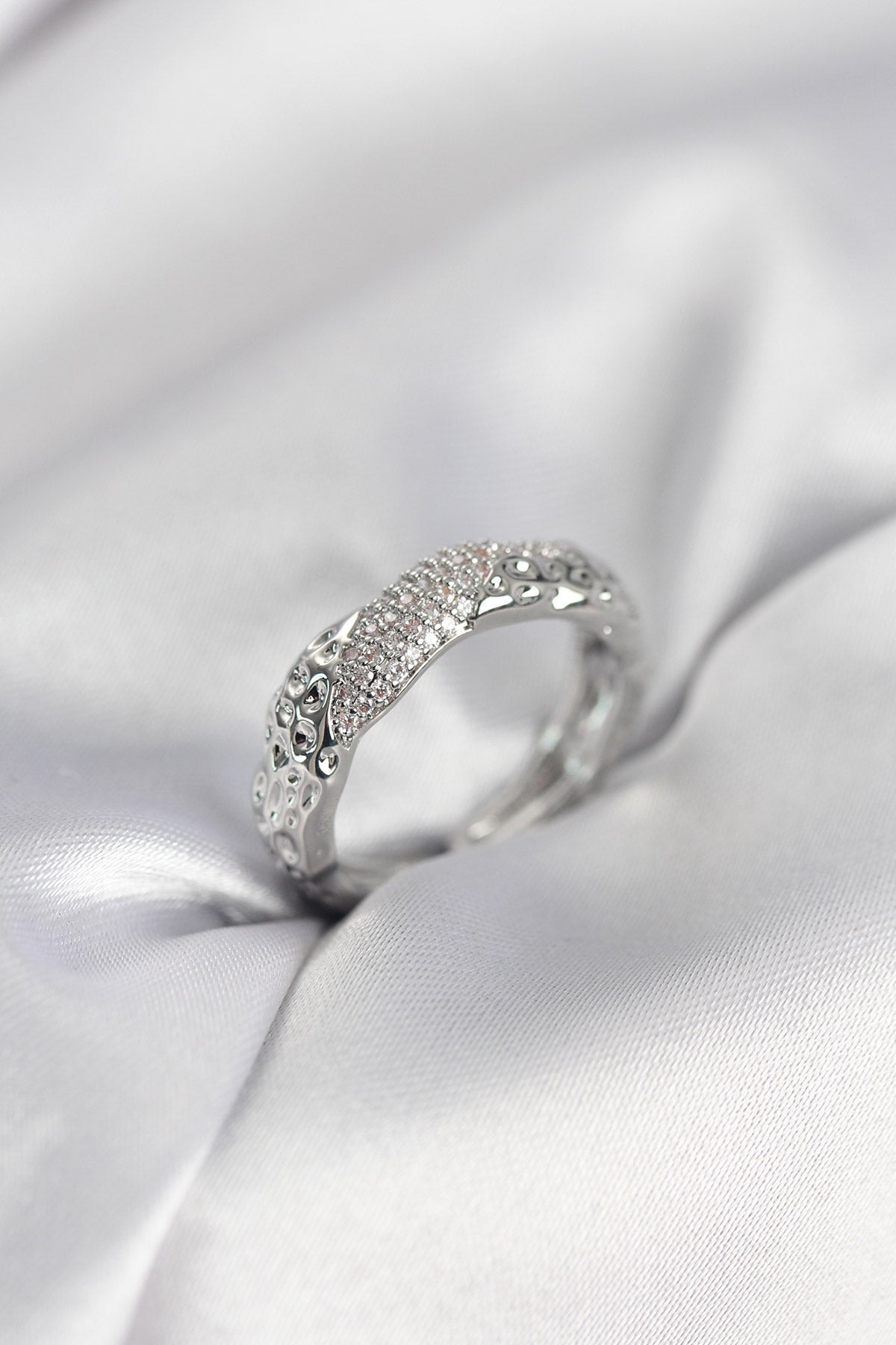 Silver-Tone Women's Ring with Pave Detail and Zircon Detail