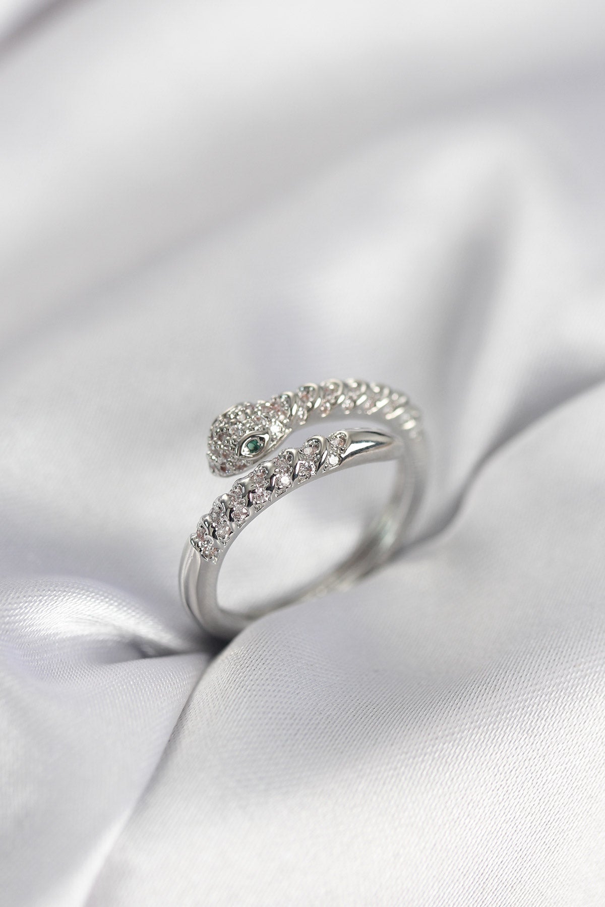 Silver-Tone Snake Women's Ring with Zircon Detail