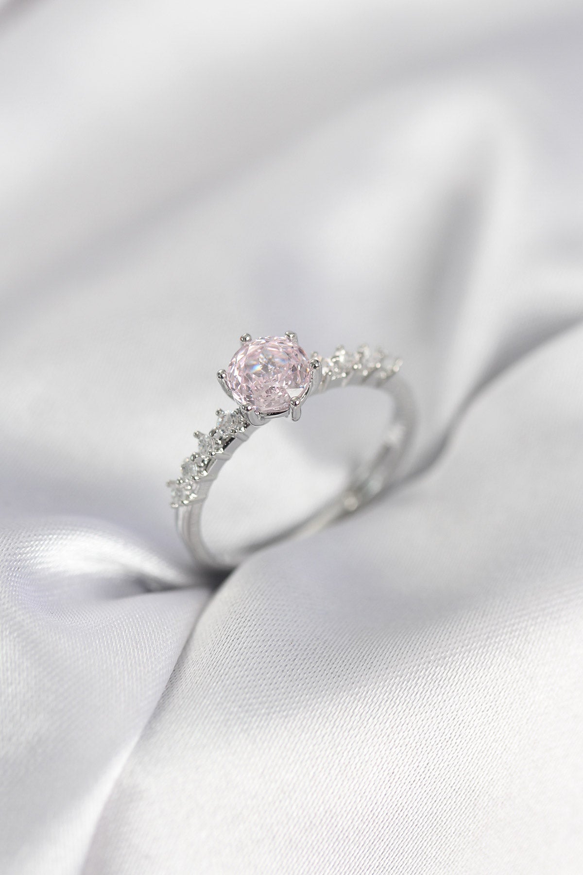 Silver-Tone Solitaire Pink Women's Ring with Zircon Detail