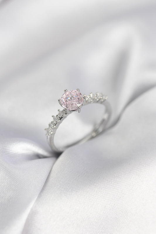 Silver-Tone Solitaire Pink Women's Ring with Zircon Detail