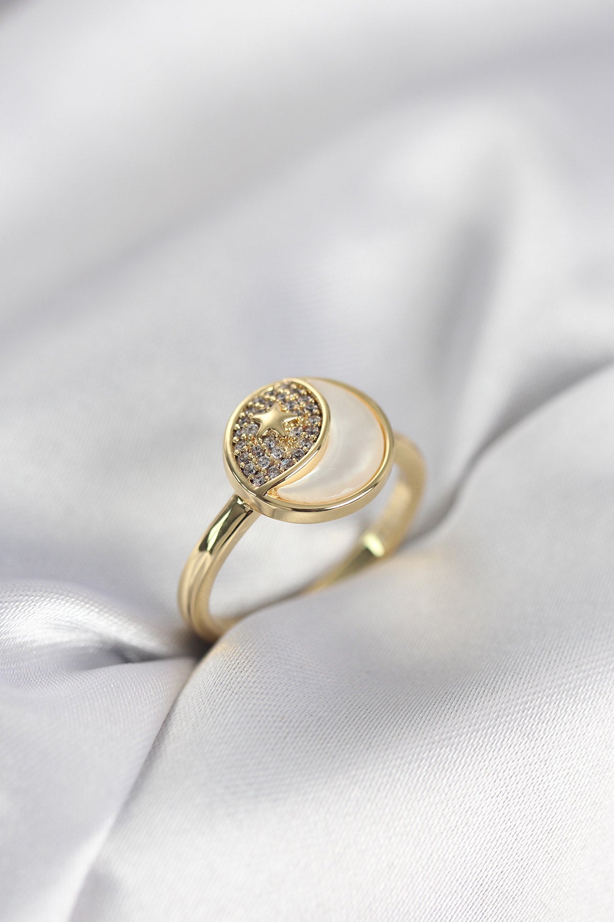 Gold-Tone Crescent and Star Women's Ring with Zircon Detail