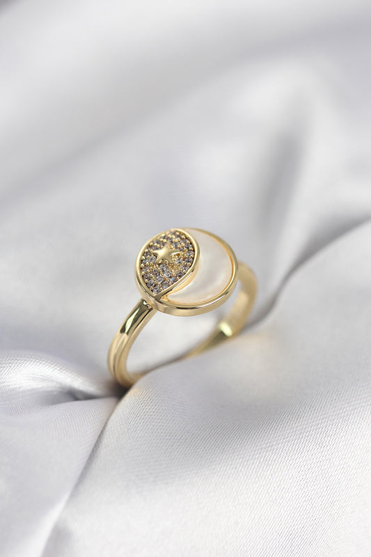 Gold-Tone Crescent and Star Women's Ring with Zircon Detail