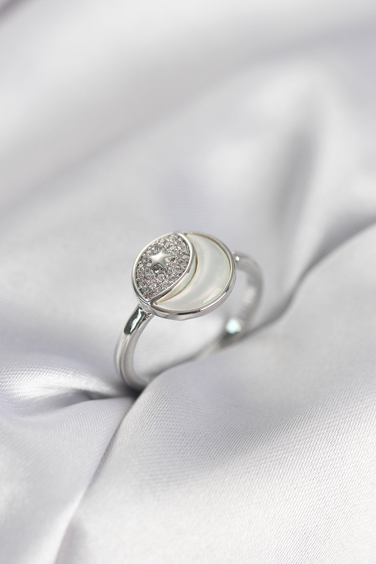 Silver-Tone Crescent and Star Women's Ring with Zircon Detail