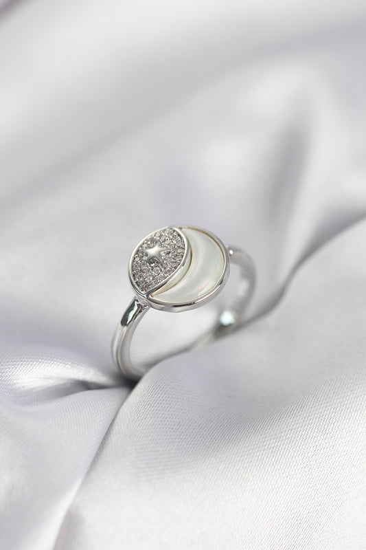 Silver-Tone Crescent and Star Women's Ring with Zircon Detail