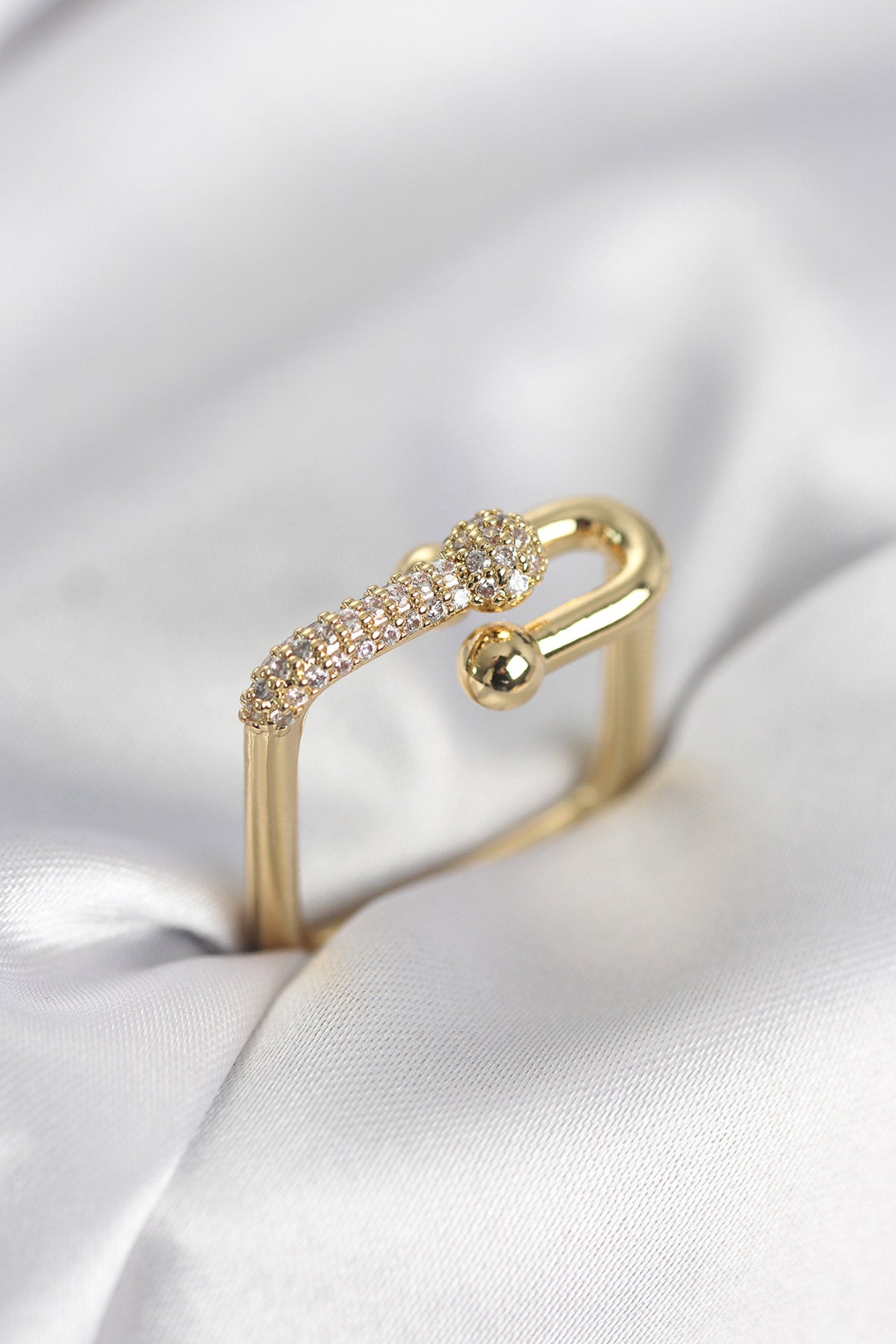 Gold-Tone Square Women's Ring with Zircon Detail