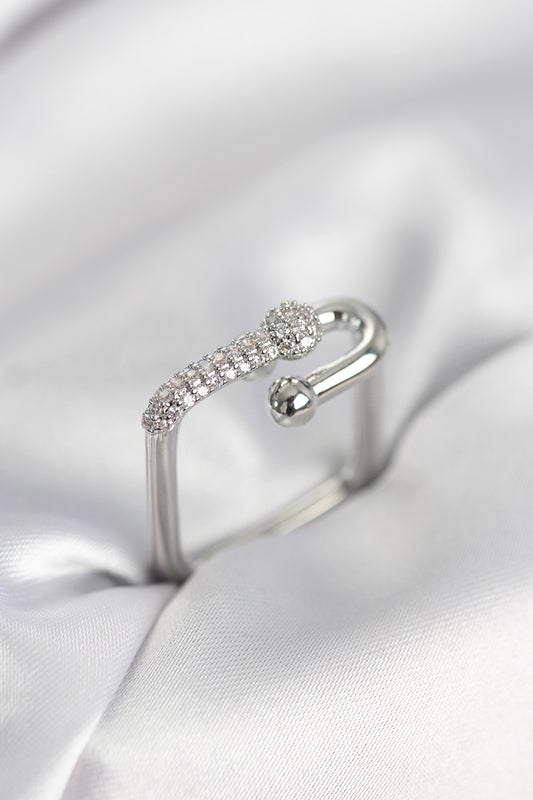 Silver-Tone Square Women's Ring with Zircon Detail