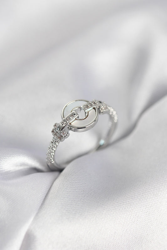 Silver-Tone Circle Shape Women's Ring with Mother-of-Pearl Detail and Zircon Detail