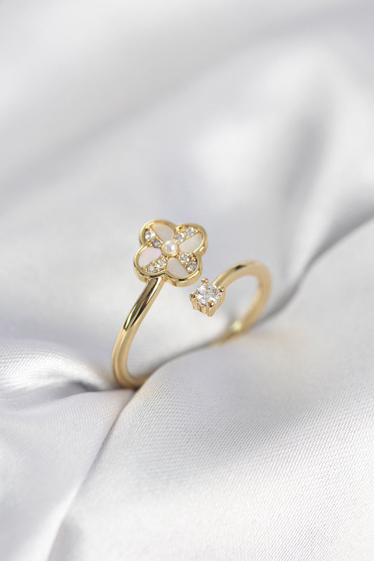 Gold-Tone Clover Women's Ring with Zircon Detail