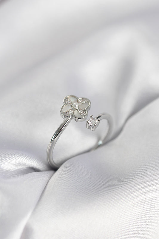 Silver-Tone Clover Women's Ring with Zircon Detail