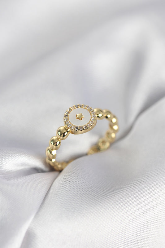 Gold-Tone Star Women's Ring with Mother-of-Pearl Detail and Zircon Detail