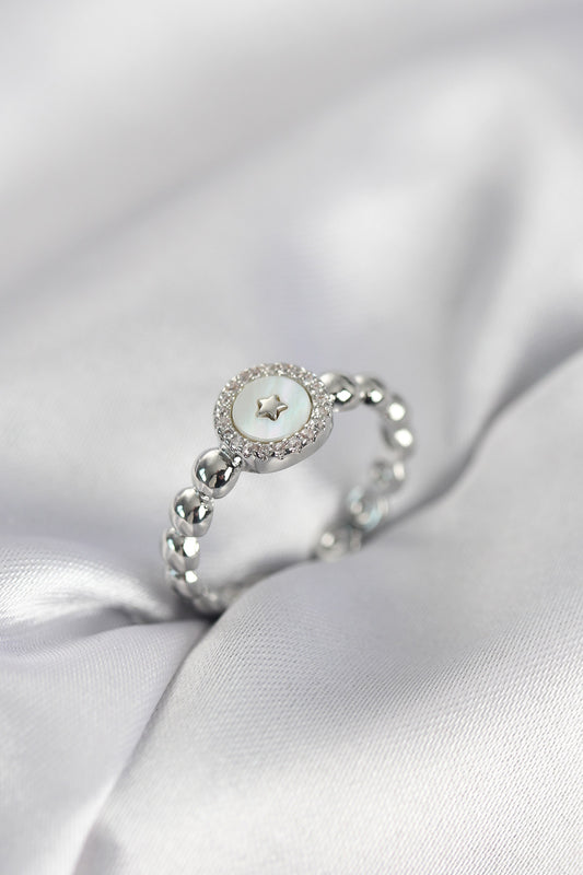 Silver-Tone Star Women's Ring with Mother-of-Pearl Detail and Zircon Detail