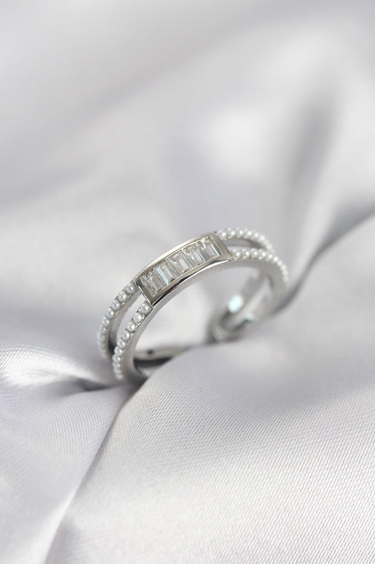 Silver-Tone Women's Ring with Baguette Zircon Detail and Pearl Detail