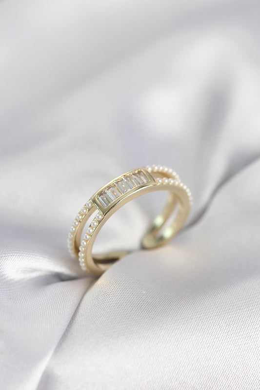 Gold-Tone Women's Ring with Baguette Zircon Detail and Pearl Detail