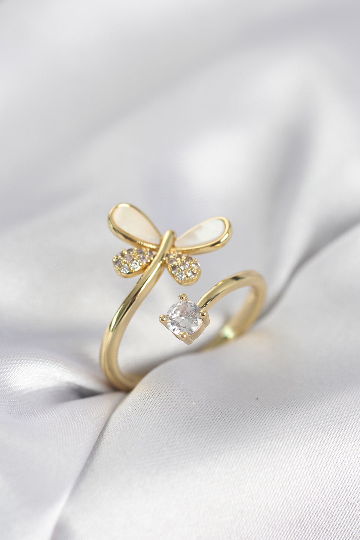 Gold-Tone Dragonfly Women's Ring with Zircon Detail