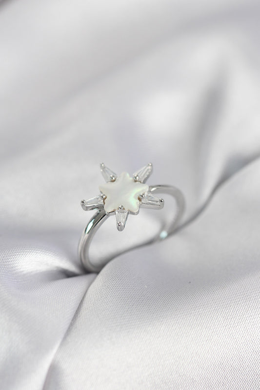 Silver-Tone Star Women's Ring with Mother-of-Pearl Detail and Zircon Detail