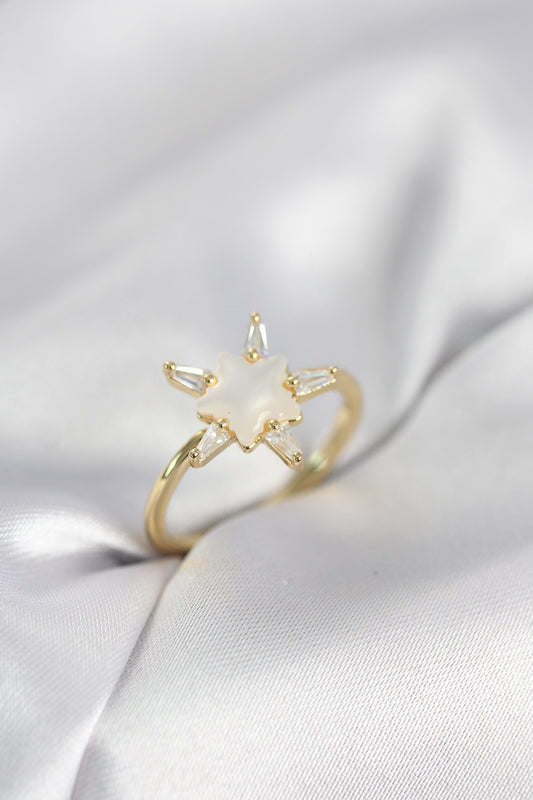 Gold-Tone Star Women's Ring with Mother-of-Pearl Detail and Zircon Detail