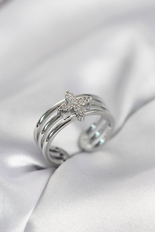 Silver-Tone Clover Women's Ring with Zircon Detail