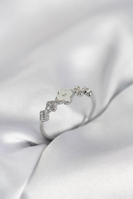 Silver-Tone Minimalist Clover Women's Ring with Zircon Detail