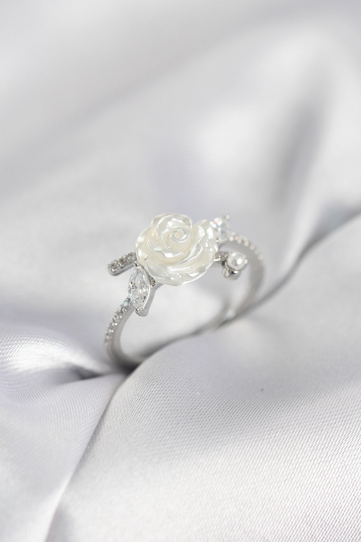 Silver-Tone Rose Women's Ring with Zircon Detail