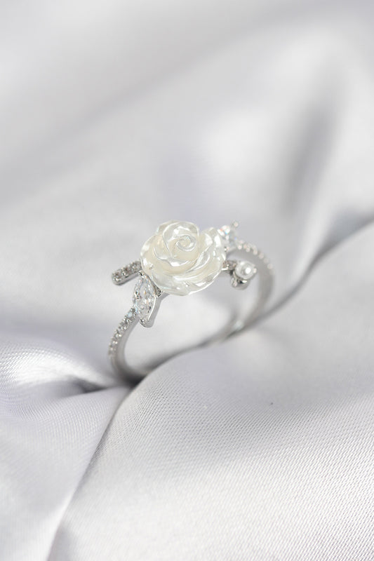 Silver-Tone Rose Women's Ring with Zircon Detail