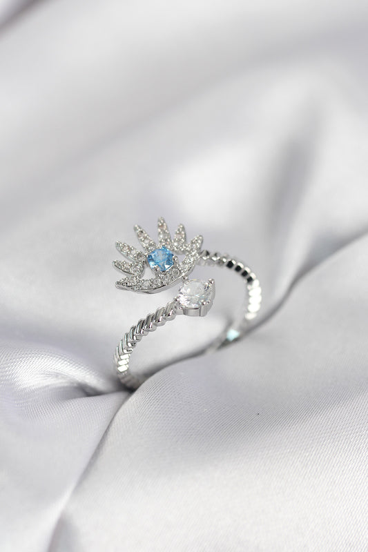 Silver-Tone Eye Motif Women's Ring with Zircon Detail