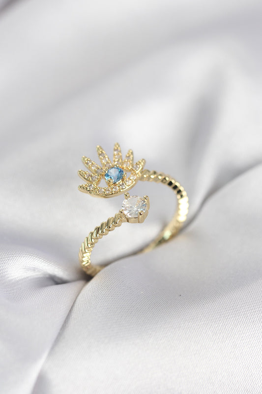 Gold-Tone Eye Motif Women's Ring with Zircon Detail
