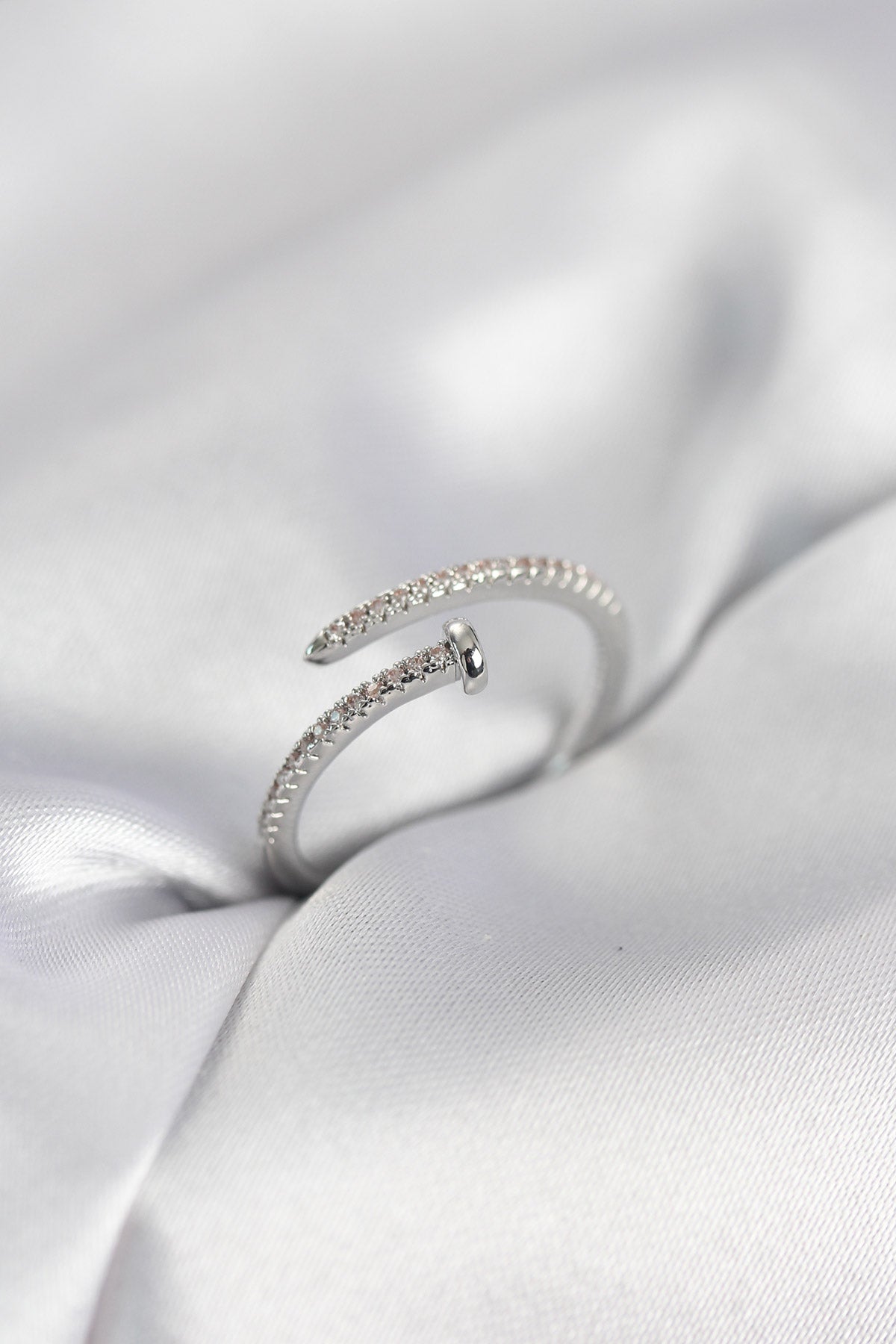 Silver-Tone Nail Women's Ring with Zircon Detail