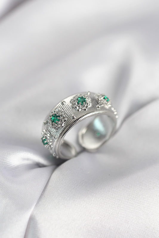 Green with Zircon Detail Silver-Tone Vintage-Inspired Women's Ring