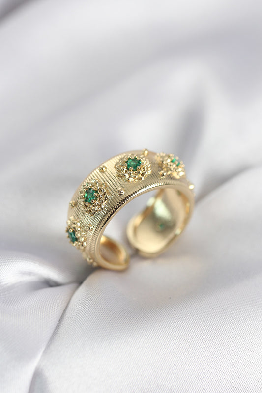 Green with Zircon Detail Gold-Tone Vintage-Inspired Women's Ring