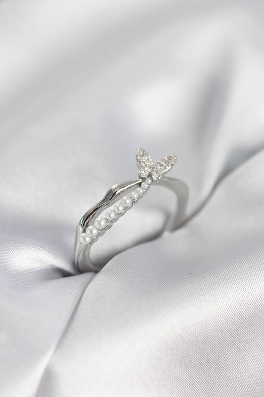 Silver-Tone Kuyruklu Butterfly with Pearl Detail Women's Ring