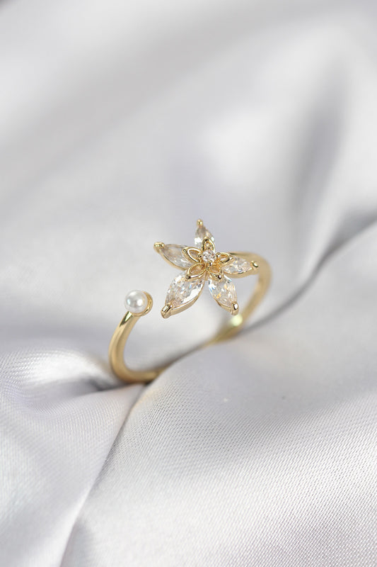 Lotus with Zircon Detail Gold-Tone Women's Ring