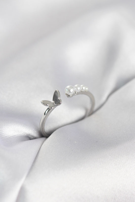 with Pearl Detail Butterfly Silver-Tone Brass Women's Ring