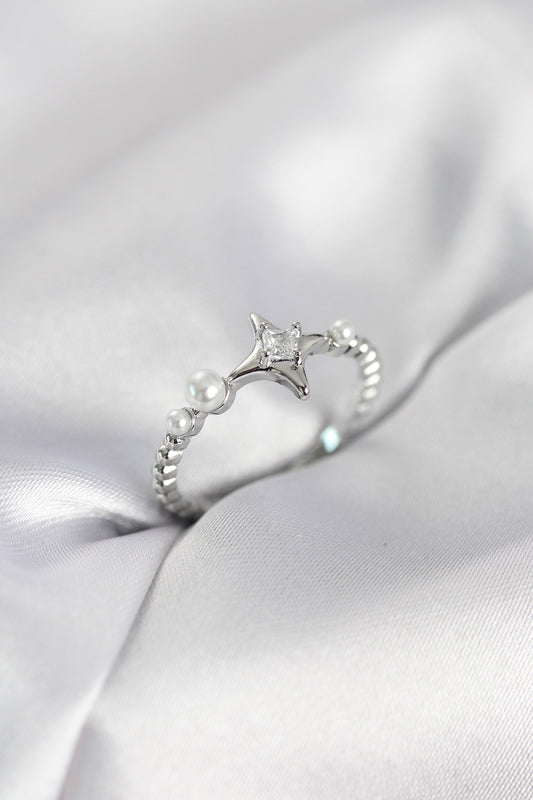 Minimalist Kutup Starı with Zircon Detail Silver-Tone Women's Ring