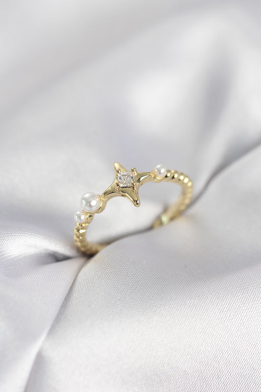 Minimalist Kutup Starı with Zircon Detail Gold-Tone Women's Ring