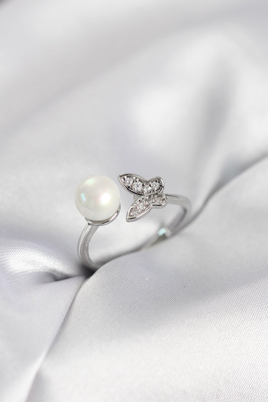 Butterfly with Pearl Detail Silver-Tone with Zircon Detail Women's Ring