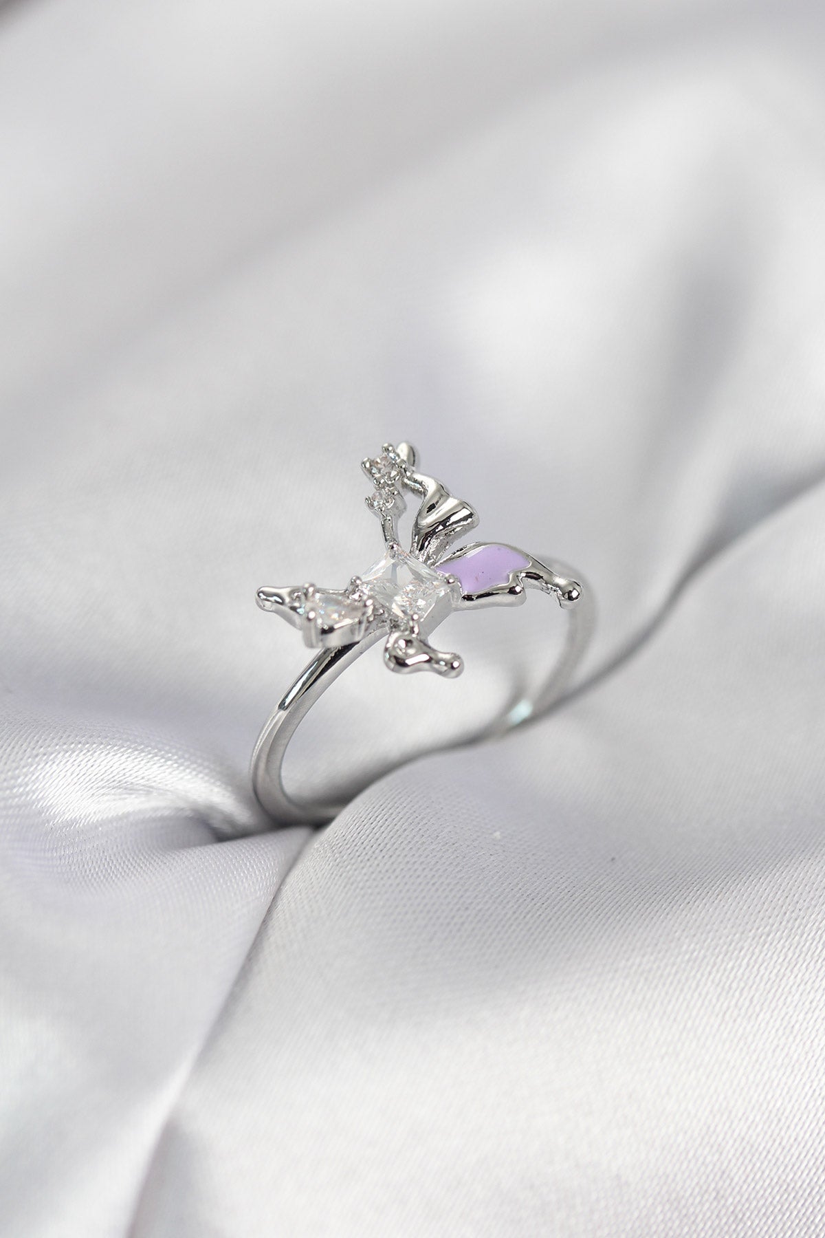 Silver-Tone Butterfly with Zircon Detail Women's Ring