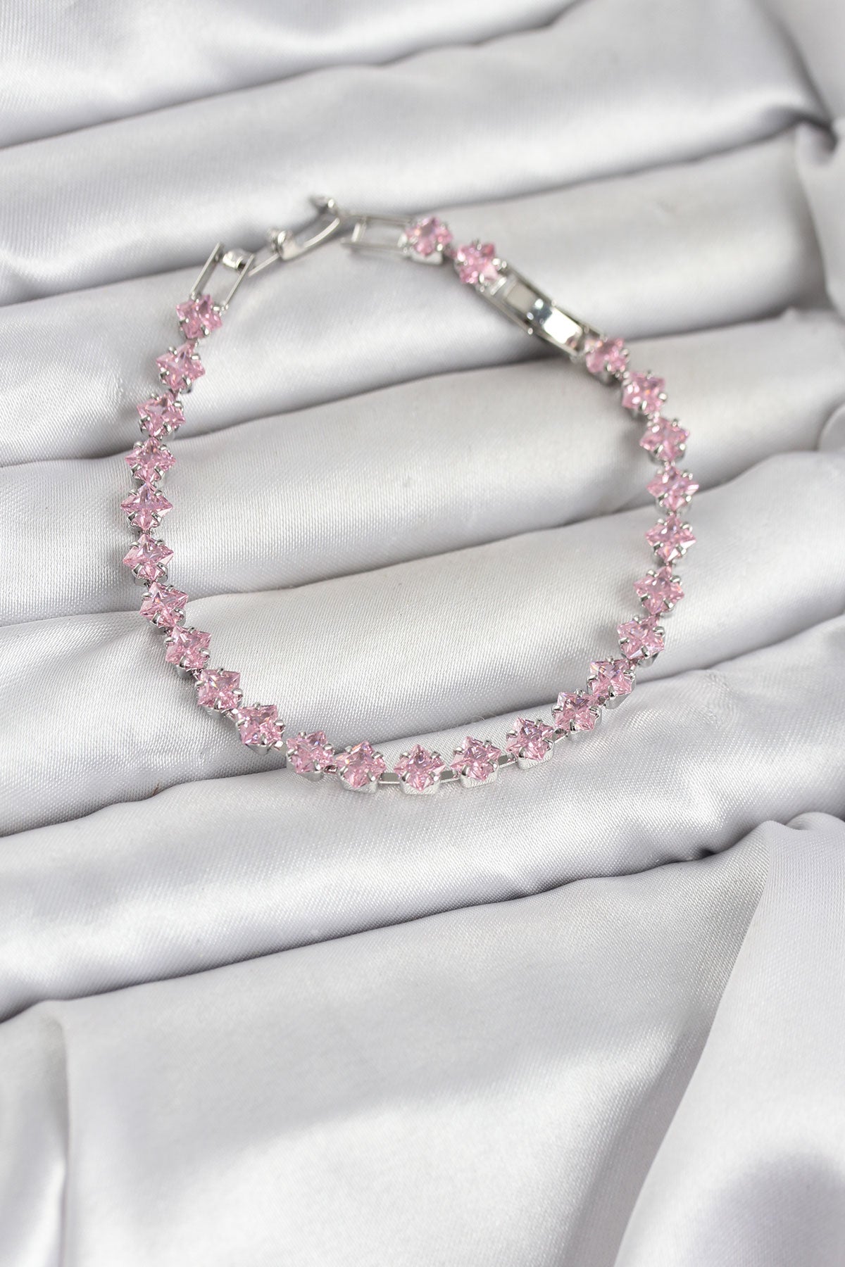 Brass Silver-Tone Pink Square Tennis Bracelet with Zircon Detail