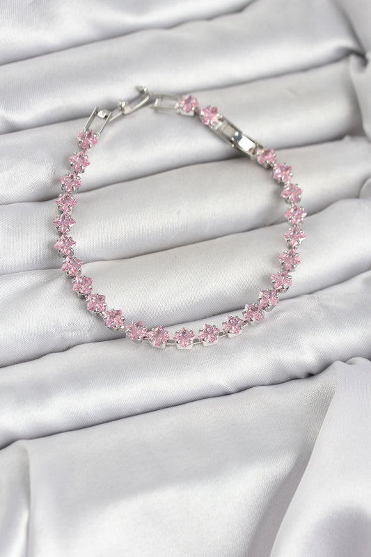 Brass Silver-Tone Pink Square Tennis Bracelet with Zircon Detail