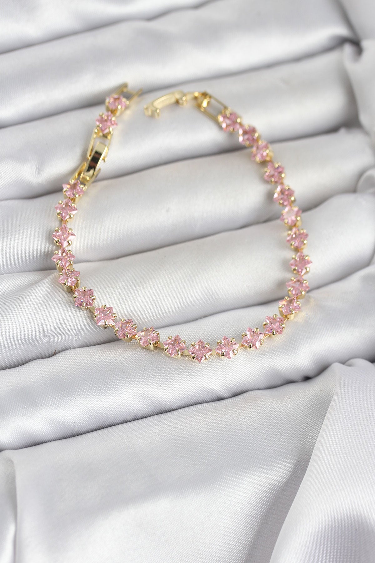 Brass Gold-Tone Pink Square Tennis Bracelet with Zircon Detail