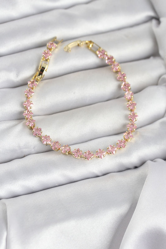 Brass Gold-Tone Pink Square Tennis Bracelet with Zircon Detail