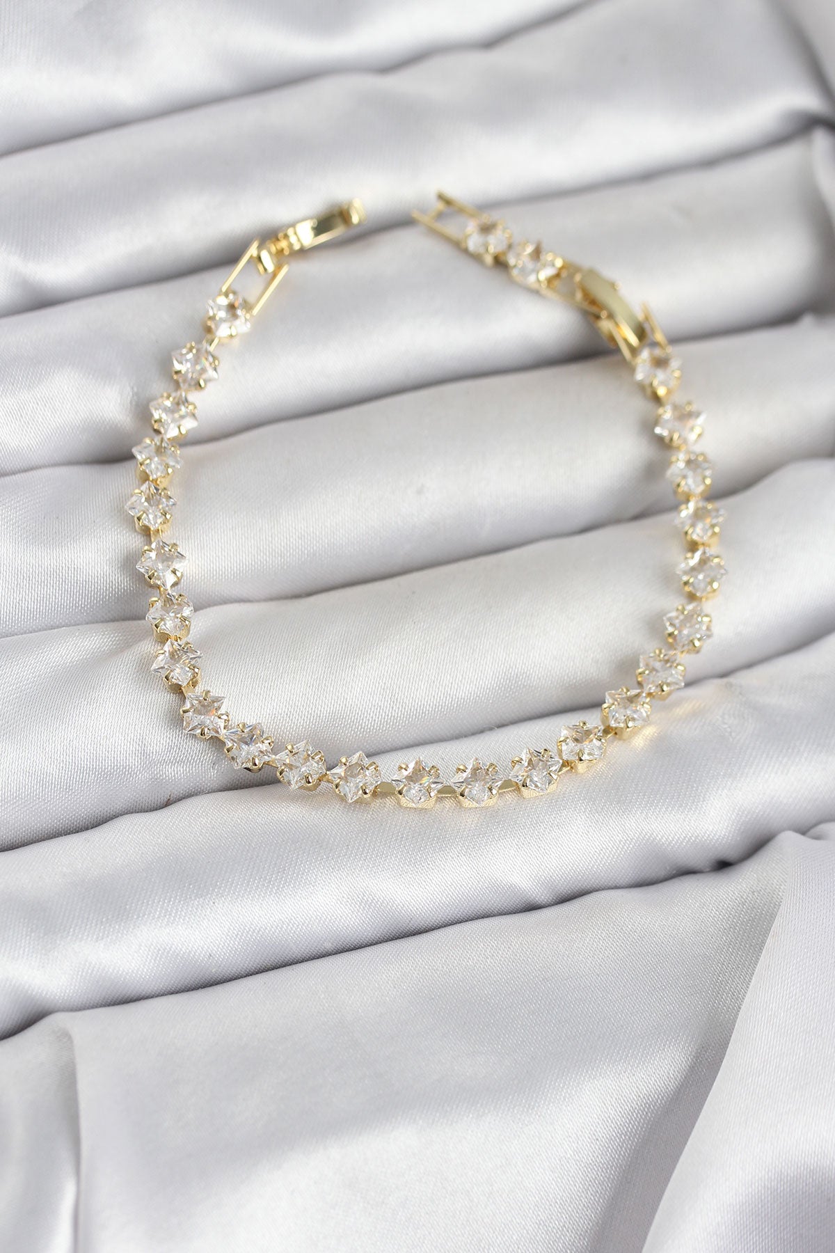 Brass Gold-Tone Square Tennis Bracelet with Zircon Detail