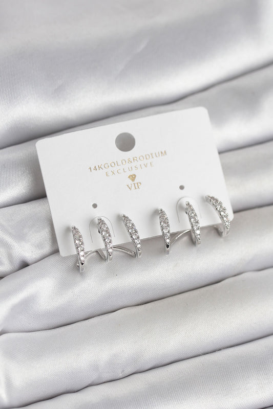 Brass Silver-Tone Women's Earrings with Zircon Detail