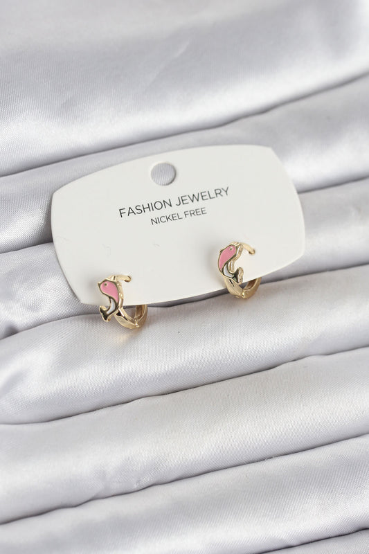 Pembe Yunus Balığı Model Gold Renk Pirinç Çocuk Küpe